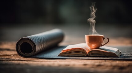 A serene setup featuring a yoga mat, an open book, and a steaming cup of coffee, creating a cozy atmosphere for relaxation and mindfulness.