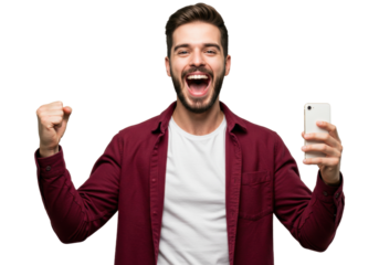 Excited man with beard holding smartphone isolated on transparent background, celebrating success or achievement, for mobile app promotion