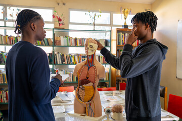 African students studying human anatomy using a biological model in a classroom
