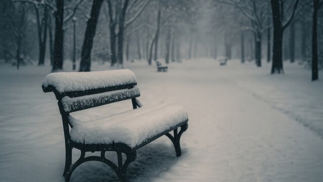 Serene snowy park bench