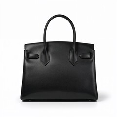 Elegant black leather handbag isolated on pure white background