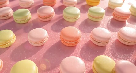 Obraz premium Colorful pastel macarons arranged on pink surface with soft natural light