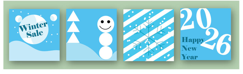 Winter design set with snowflakes, snowman, and 2026 typography. Minimal vector banners for holiday sale, new year greetings, and seasonal promotion graphics.