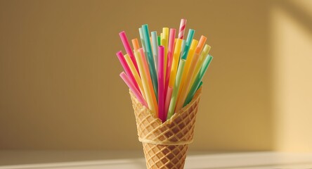Colorful plastic drinking straws arranged in waffle cone on beige surface