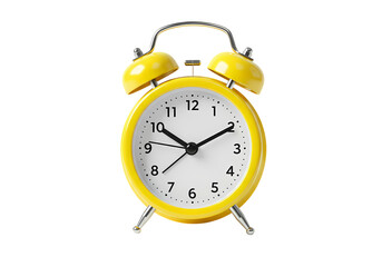 Bright Yellow Classic Alarm Clock Isolated on White Background - Retro Timekeeping for Punctuality and Waking Up isolated on transparent background