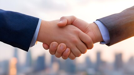 Close-up of handshake between executives, blurred city skyline. Concept: Business partnership, collaboration, professional success, corporate deal, teamwork, agreement, networking,