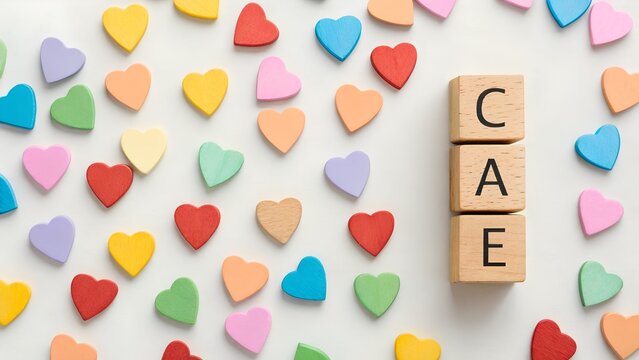 Colorful Heart Pattern with Stacked Wooden Blocks Displaying CAE on White Surface
