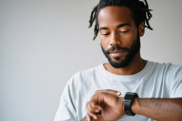 Man using smartwatch to track meditation or sleep progress, clean background, 
