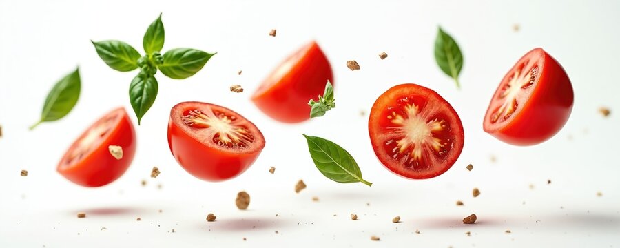 Vibrant tomatoes, basil leaves float mid-air against white backdrop. Juicy slices, whole fruits tumble playfully suggesting freshness, culinary delight. Colourful illustration represents summer food,