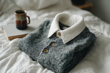 A cozy, folded sweater with a white collar rests on a bed, accompanied by a mug and a notebook, creating a warm, inviting atmosphere.