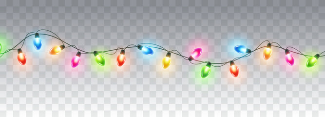 Lights bulbs isolated on transparent background. Glowing colorful Christmas garland string. Vector New Year party led lamps decoration