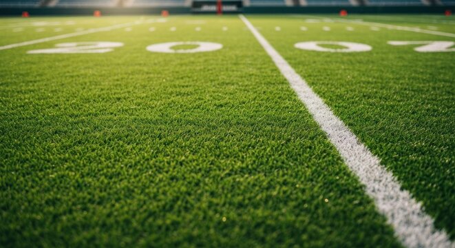 Close-up of a football field's vibrant green artificial turf with yard lines - Powered by Adobe