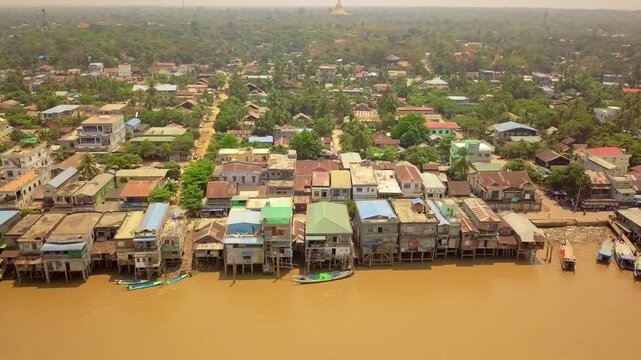  Futuristic aerial view panorama of developing Yangon city , Aerial view of Sule pagoda in downtown, Yangon, Myanmar. Sule Pagoda located in the heart of Yangon, Karaweik royal barge, Kandawgyi Lake, 