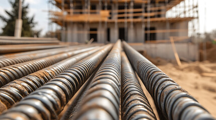 Steel rebar for reinforcing concrete in new construction. Close up of ribbed bars with a building frame in the background on a sunny day.
