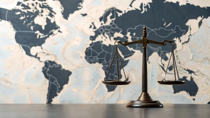 Scales of Justice on Dark Wood Surface Against World Map Neutral Tones