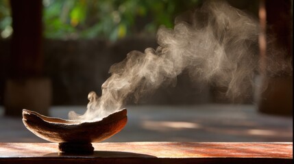 A serene image of a smoke-filled bowl, suggesting calmness and tranquility, with soft lighting enhancing the ethereal atmosphere.