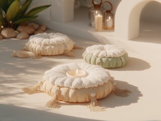 Cozy decorative cushions with candles create a serene ambiance, enhancing the aesthetic of a modern indoor space surrounded by natural elements.