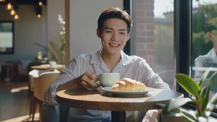 Young man enjoying morning coffee and croissant at cafe table near window with soft, bright, natural light. Relaxed, thoughtful mood. Casual setting.