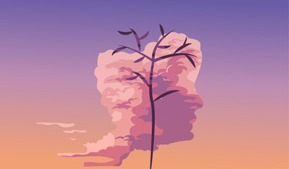 Mental health awareness with human mind and a tree as the brain, sunset sky and cloud  illustration