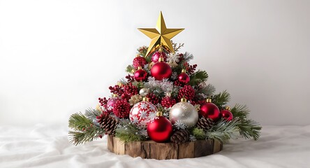 Decorative Christmas arrangement with pine branches, red ornaments, and golden star