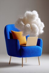 A vibrant blue chair with a pillow and a laptop, surrounded by a whimsical cloud of white fluff, creating a cozy and imaginative atmosphere.