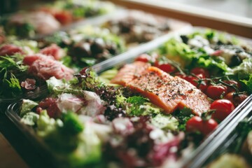 A vibrant assortment of fresh salads and salmon, showcasing colorful vegetables on a platter, emphasizing health and culinary delight.
