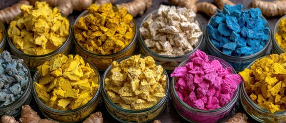 Colorful pigments in glass jars, showcasing vibrant hues like yellow, blue, and pink, perfect for art and craft projects.
