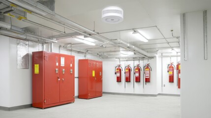 Fire Safety Equipment Room With Red Cabinets And Extinguishers. Industrial Safety And Emergency Preparedness