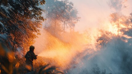 Firefighter Battling Intense Forest Fire With Water Hose. Courageous Effort To Control Wildfire In Dense Woodland