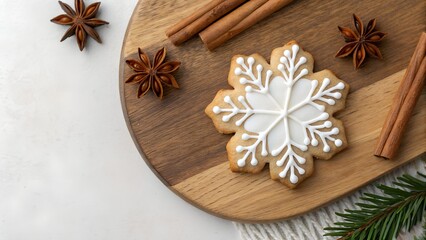 Gingerbread Snowflake Cookie with Cinnamon Sticks on Wooden Board Overhead Shot