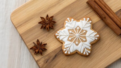 Gingerbread Snowflake on Wood Cutting Board with Cinnamon Sticks and Anise Stars
