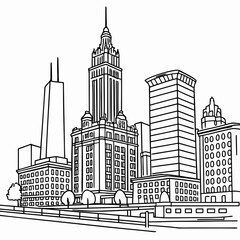 Fototapeta premium Stylized black and white line drawing of a city skyline with tall buildings