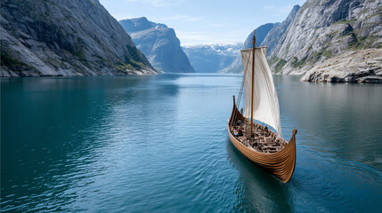 Fototapeta premium viking longboat sailing off fjords ready to raid