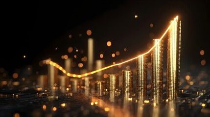 3D render of financial growth chart with glowing golden lines, futuristic digital background. Concept: Finance, business growth, investment, profit, wealth, digital economy, financial success, futuris