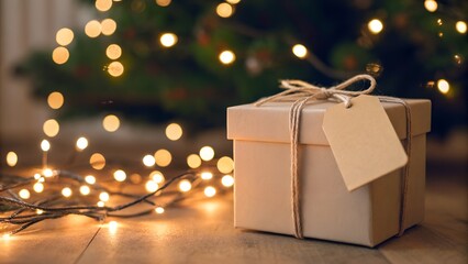 Kraft Paper Gift Box with Twine Tag and Warm Fairy Lights on Wooden Surface for Christmas Festive Decor