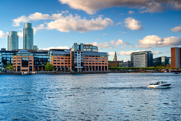 Obraz premium Modern buildings and skyscrapers in Copenhagen, Vesterbro business district. Scandinavian architecture in city, Denmark.