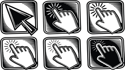 Black and White Mouse Click Hand Cursor Icons in Square Buttons