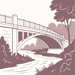 Stylized illustration of a stone bridge over a flowing river with trees and foliage
