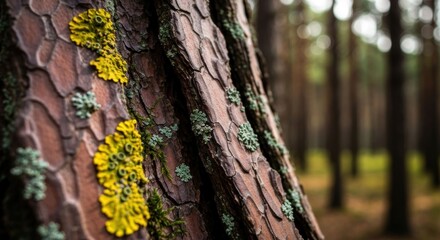 Fototapeta premium Close-up of textured pine bark with yellow and green growths