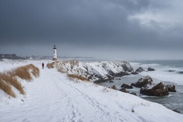 Verschneiter Leuchtturm an einer st&uuml;rmischen Winterk&uuml;ste unter dramatischem Himmel &ndash; maritime Winterlandschaft mit Wellen und vereister K&uuml;ste