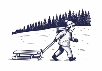 Child in winter attire pulling a wooden sled through a snowy landscape surrounded by evergreen trees, capturing the essence of winter fun and outdoor adventure