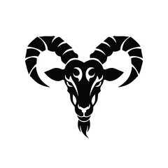 Black tribal ram head with curly horns on white goat