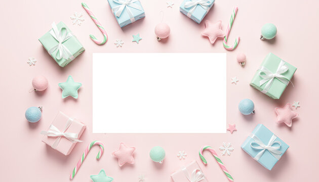 A festive arrangement of pastel gifts, ornaments, and candy canes, creating a cheerful holiday atmosphere with a blank space for personalized messages or designs.