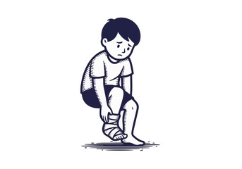 Young boy with a sad expression sitting on the ground, holding his injured foot wrapped in a bandage, conveying feelings of discomfort and concern for his well-being