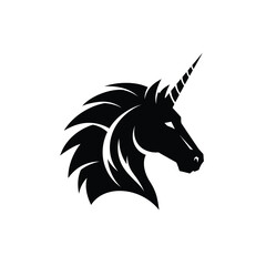 Black unicorn head profile with horn Keywords: unicorn, head, profile, logo, black, white © dipu