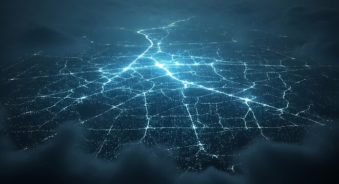 Aerial view of a city at night with illuminated road network - Powered by Adobe