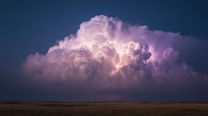 Dramatic Thunderstorm With Lightning Illuminating Night Sky Over Open Field. Nature'S Power And Beauty Captured