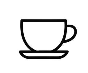 Stylized Coffee Cup Icon with Saucer in Black Outline on White Background