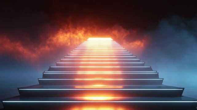 A high-definition conceptual cinematic sequence depicting a metal staircase leading into darkness. Each step glows brighter than the last, symbolizing the stages of escalation