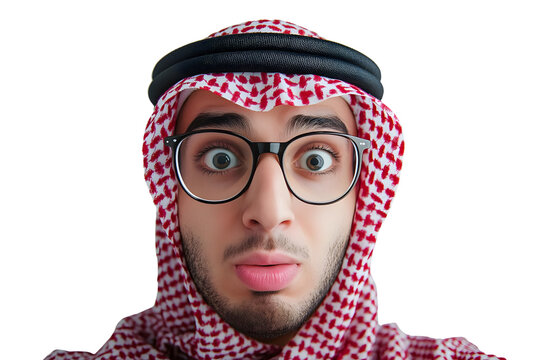 AI Image portraying a surprised young Arab man with glasses wearing a traditional kufiya against a